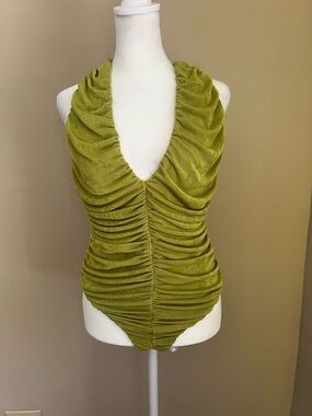 FESTIVAL GOING OUT Olive Green Ruched Halter Plunge Bodysuit